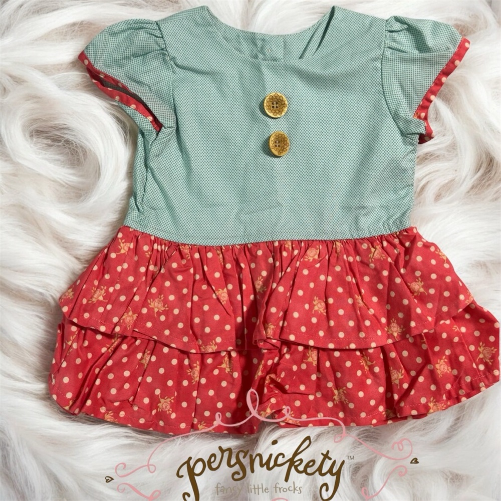 Persnickety Teal and Red Polka Dot Ruffle Peasant Top size 3 NWOT